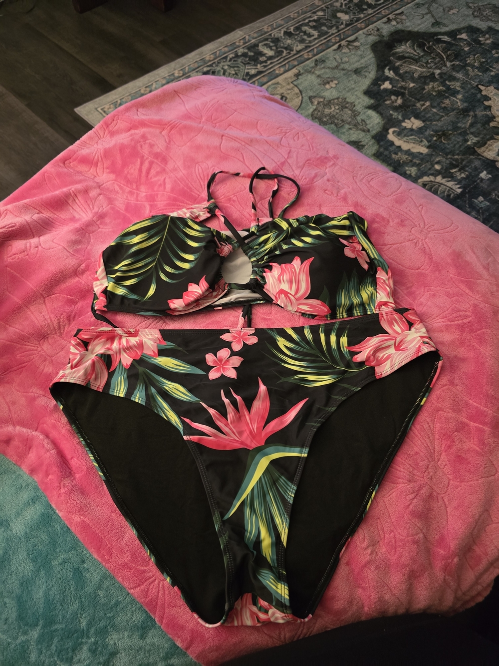 Girls' Black Tropical Floral One-Piece Swimsuit